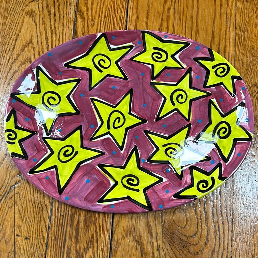 Alexis Ink art pottery platter.  Purple with yellow stars. Artist signed.